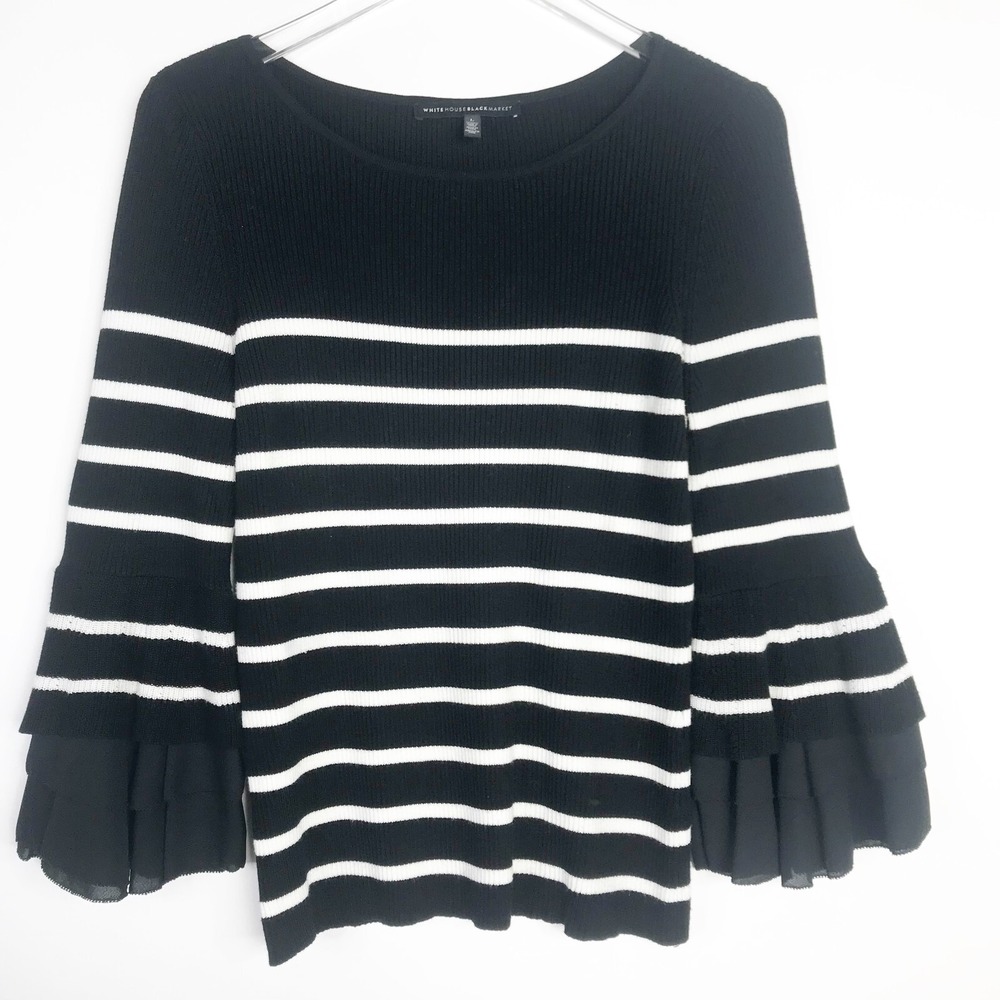 White House Black Market Sweater Womens Large Striped Knit Ruffle Sleeve Artsy